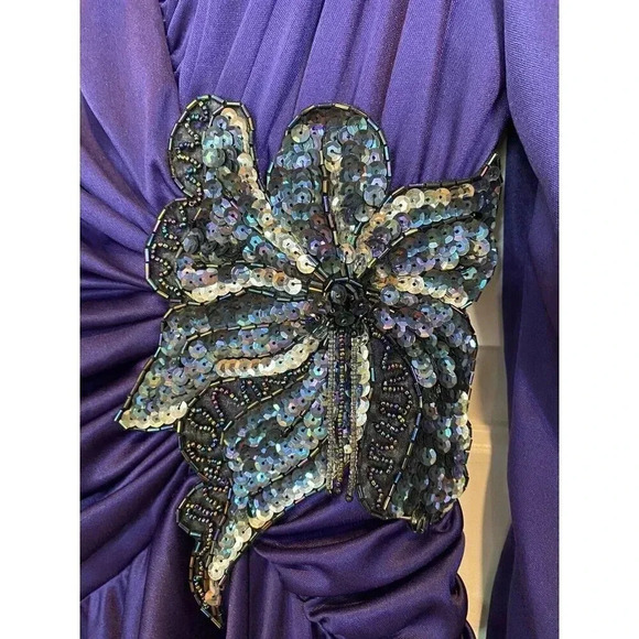 Petites By Demaro Vintage Dress Sz 11 Sequin Flower Purple Draped Embellished - Picture 4 of 16
